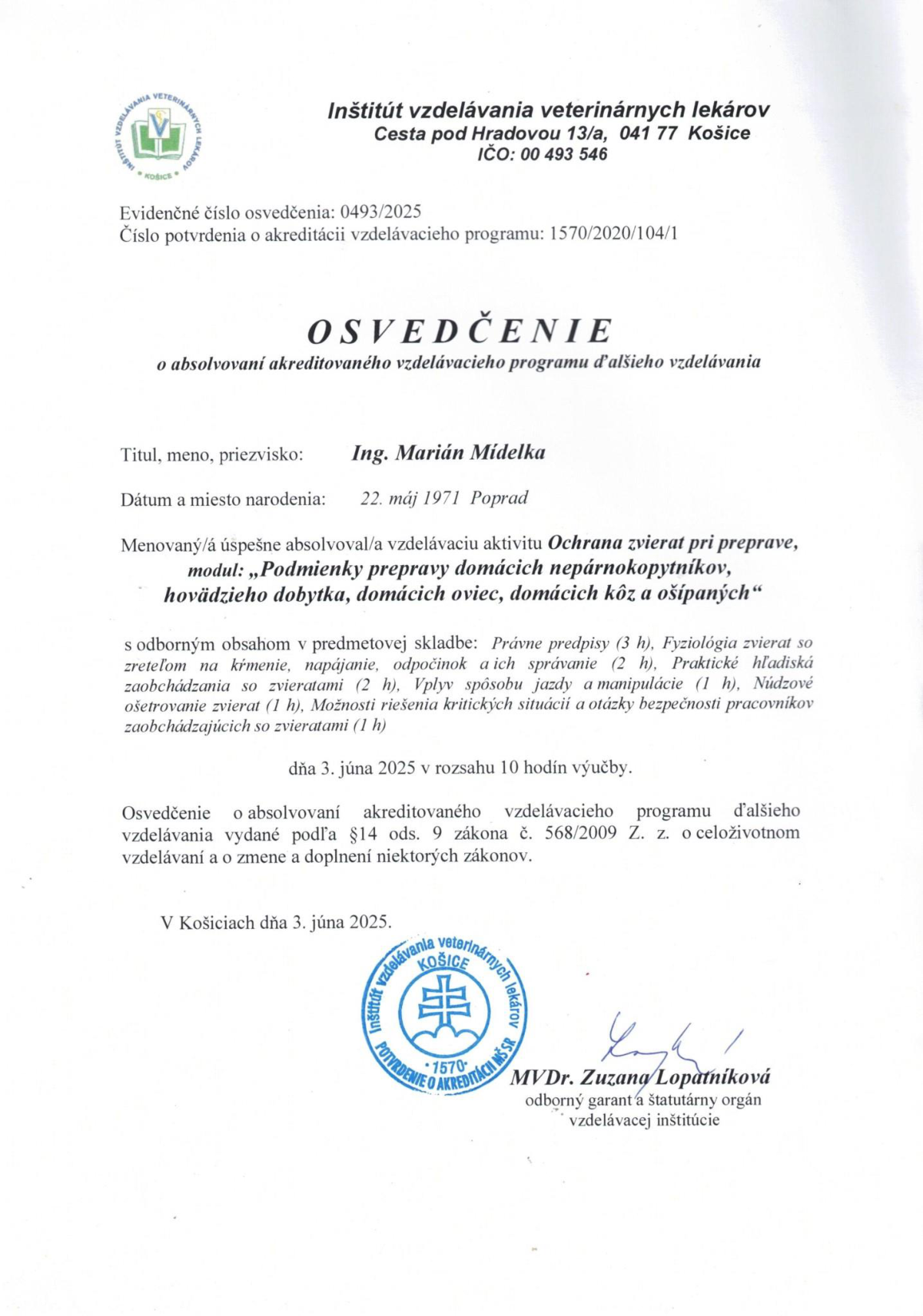 Certifikát prepravcu koní